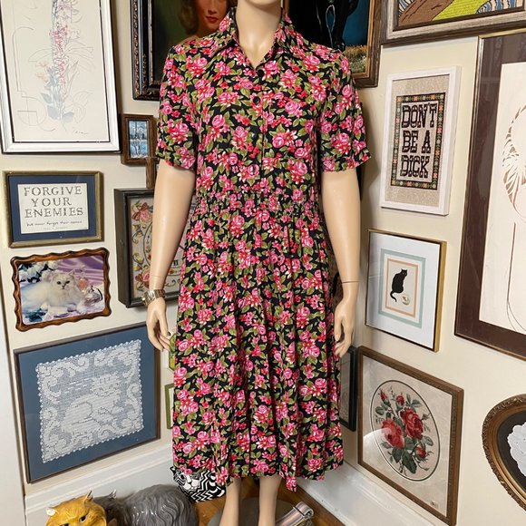RJ Stevens Dresses & Skirts - 90s Vintage RJ Stevens Plus Size Pink Black Green Floral Short Sleeve Maxi Dress